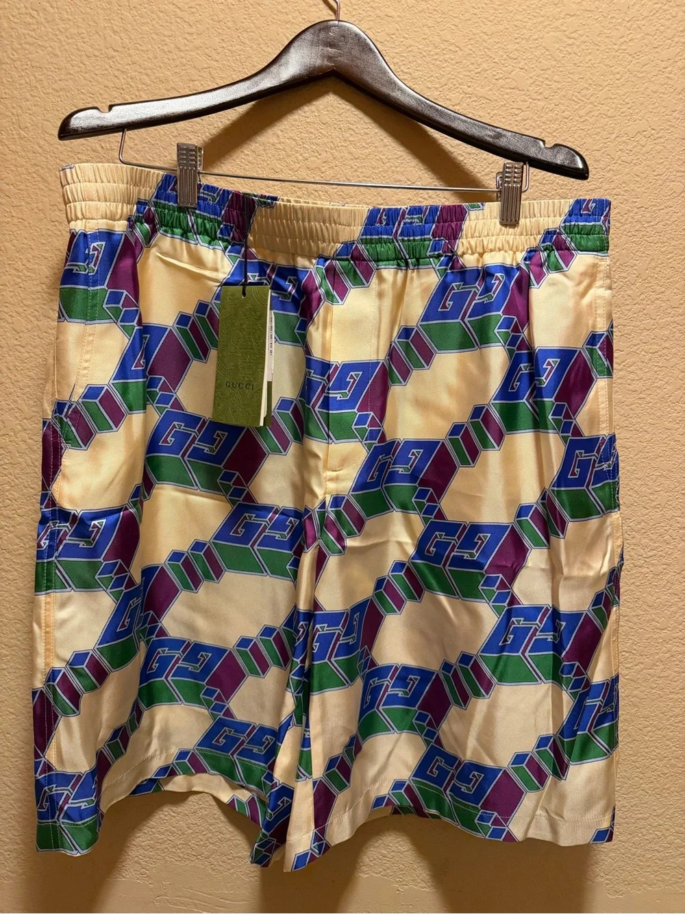 New Gucci GG Logo Silk Shorts Cream Blue Size IT 54 / US L 36 - 40 Waist
